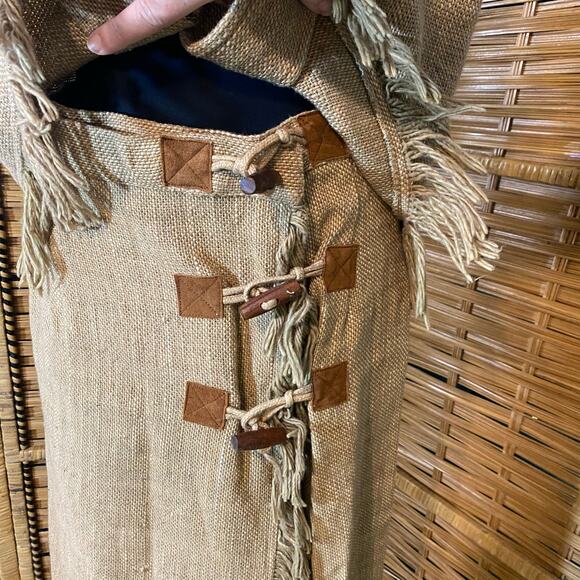 Vintage Just Class 70s Boho Fringe Vest Skirt Set Rustic Burlap Cottagecore S - Picture 5 of 9